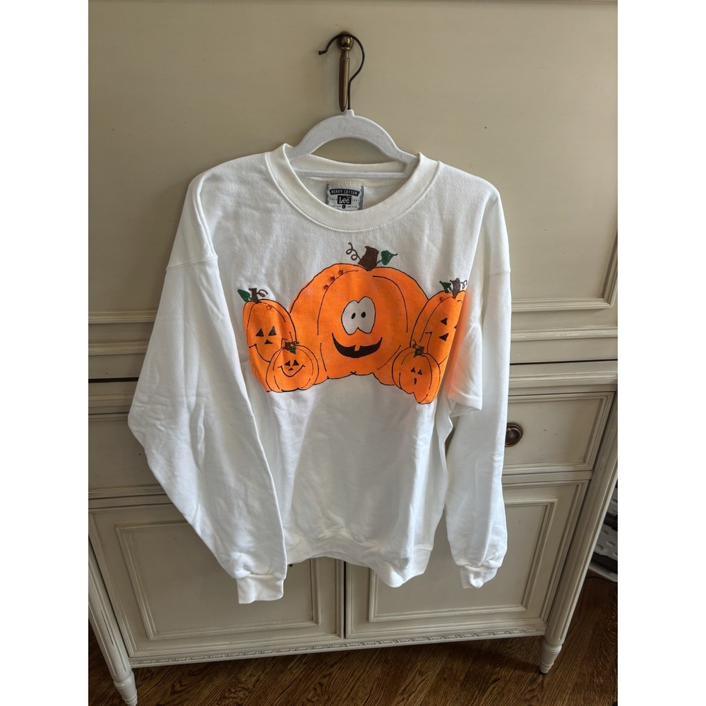 Vintage Handmade‎ Lee Cotton Halloween Pumpkin Painted Sweatshirt Grandmacore Lg